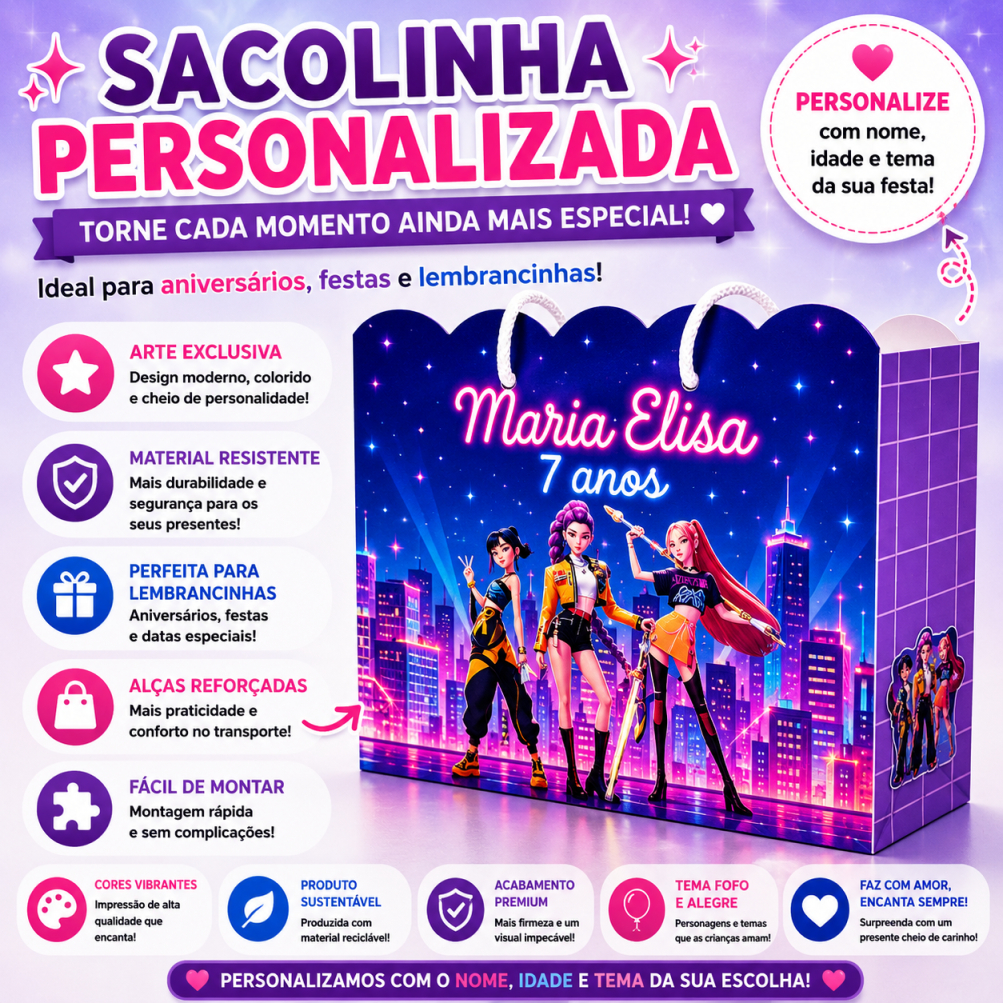 Sacolinha Personalizada Guerreiras do K-Pop para Lembrancinhas | Festa Infantil | Kit 05 10 15 20 25