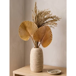 Arranjo de Flores Artificiais Palmeira Leque com Vaso de Cerâmica Revestido em Sisal e Capim Seco Estilo Boho CHic