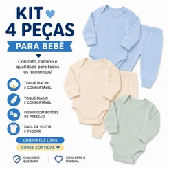 Kit 4 Peças Bebê 2 Bodies Manga Longa + 2 Calças Mijão Canelado Enxoval Menino Menina Unissex P M G
