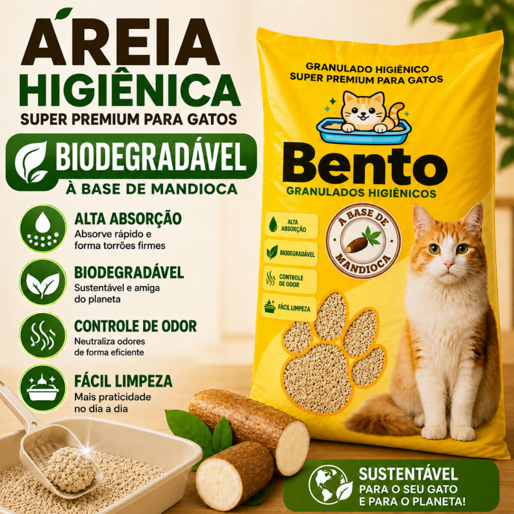 Areia Higiênica biodegradável Mandioca Alta Absorção Controle de Odor bio Gato cat bento 1,5 kilos