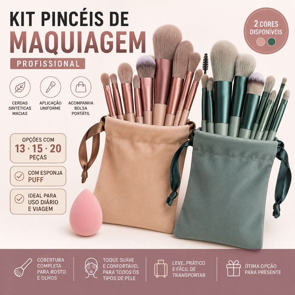 13 15 20 Peças Kit Pincéis de Maquiagem Profissional | Com Esponja Puff | Uso Diário e Viagem
