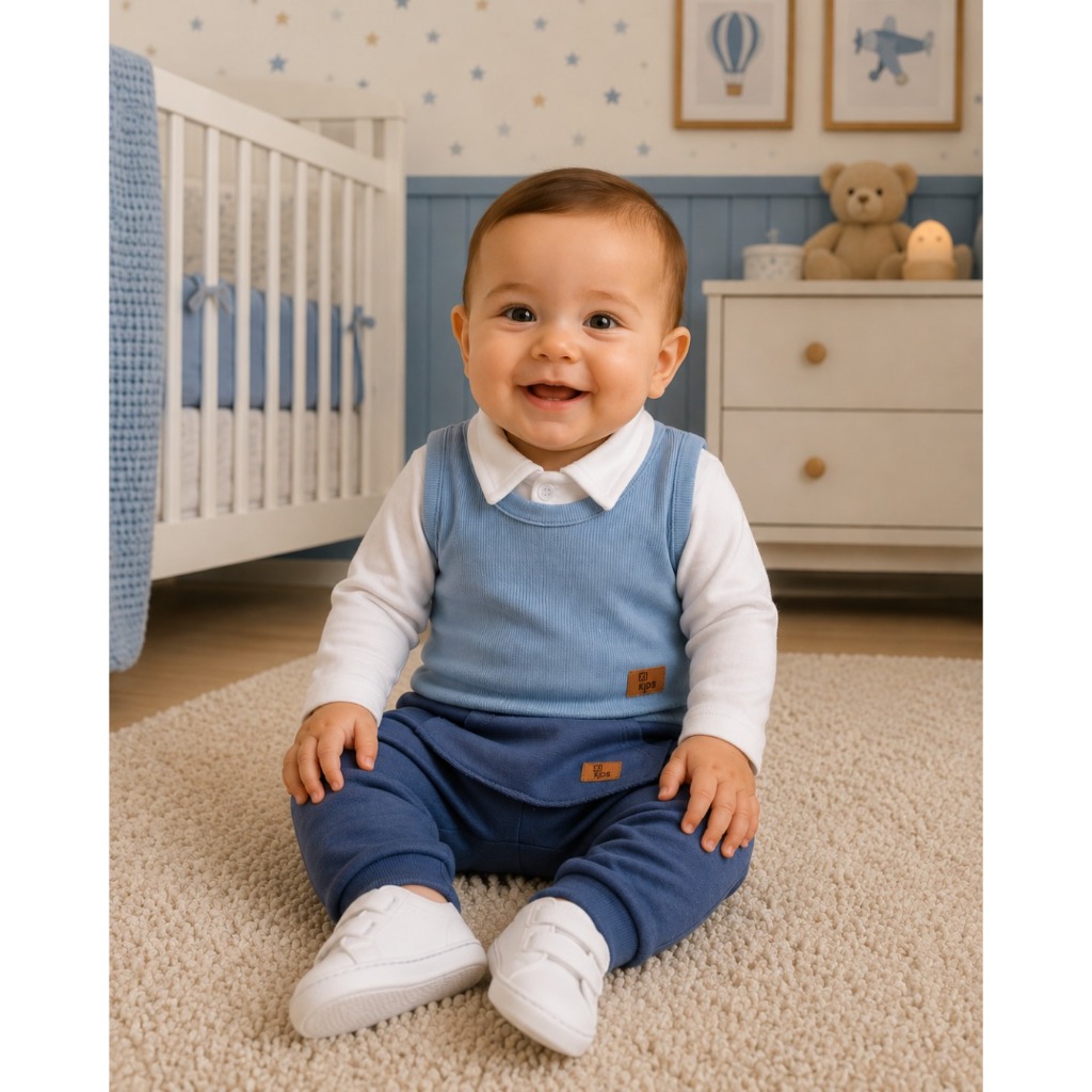 Conjunto 3 Peças Bebê Menino Body Polo Manga Longa Colete e Calça Moletom Careca
