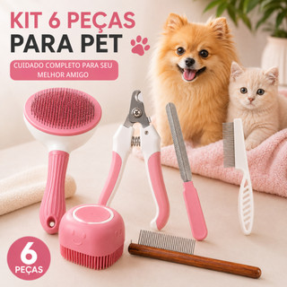 Kit 6 Peças para Cuidados Pet – Escovas, Pentes e Cortador de Unhas para Cães e Gatos
