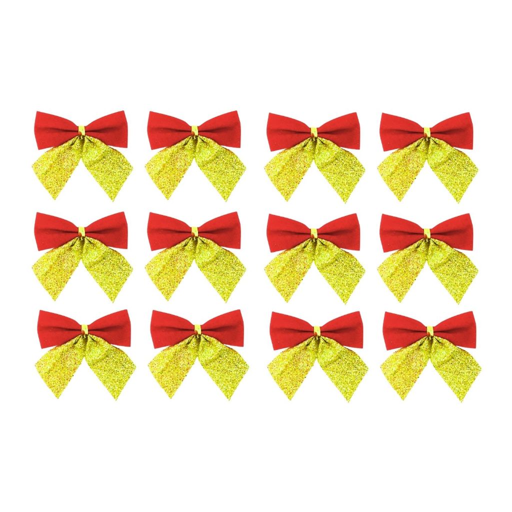 Kit 12 Laços de Veludo Vermelho Com Brilho Pequeno Para Decoração Arvore De Natal