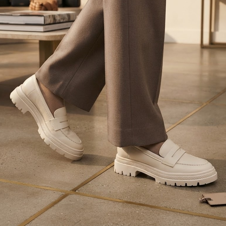 Sapato Mocassim Feminino Tratorado Branco Off White Confortável Estiloso Elegante Moleca Original
