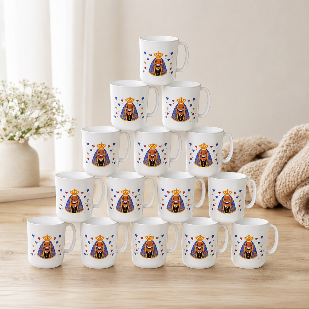 Kit Caneca Nossa Senhora Aparecida 450 ml Religiosa Católica Lembrancinha Presente Fé Mãe Aparecida