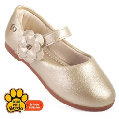 Sapatilha Infantil Menina Klin Princesa Kids Anatômica Com Aplique de Flor Lateral Dourada Perolada