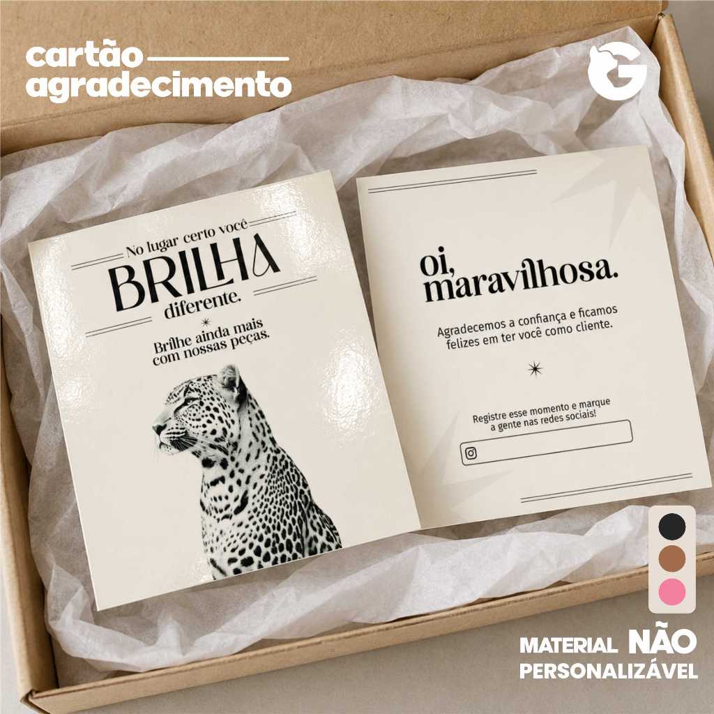 Cartão agradecimento - Leopardo - ARTE PADRÃO FRASE - 9x10 - C2S 300g - Verniz frente