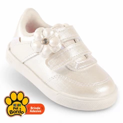 Tênis Infantil Feminino Klin Sky Casual Elegante em Velcro e Aplique de Flor Off-White
