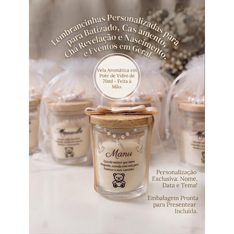 10 Lembrancinhas de Vela Aromática Personalizada - Batizado, Casamento, Chá Revelação, Aniversário, Nascimento
