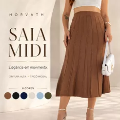 Saia Midi Plissada Feminina em Tricô Modal Cintura Alta Evasê