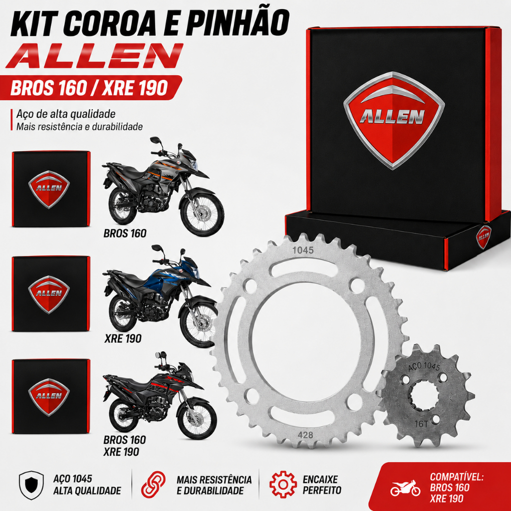Kit Coroa e Pinhão Bros 160 XRE 190 2015 a 2026 Aço 1045 Alta Durabilidade