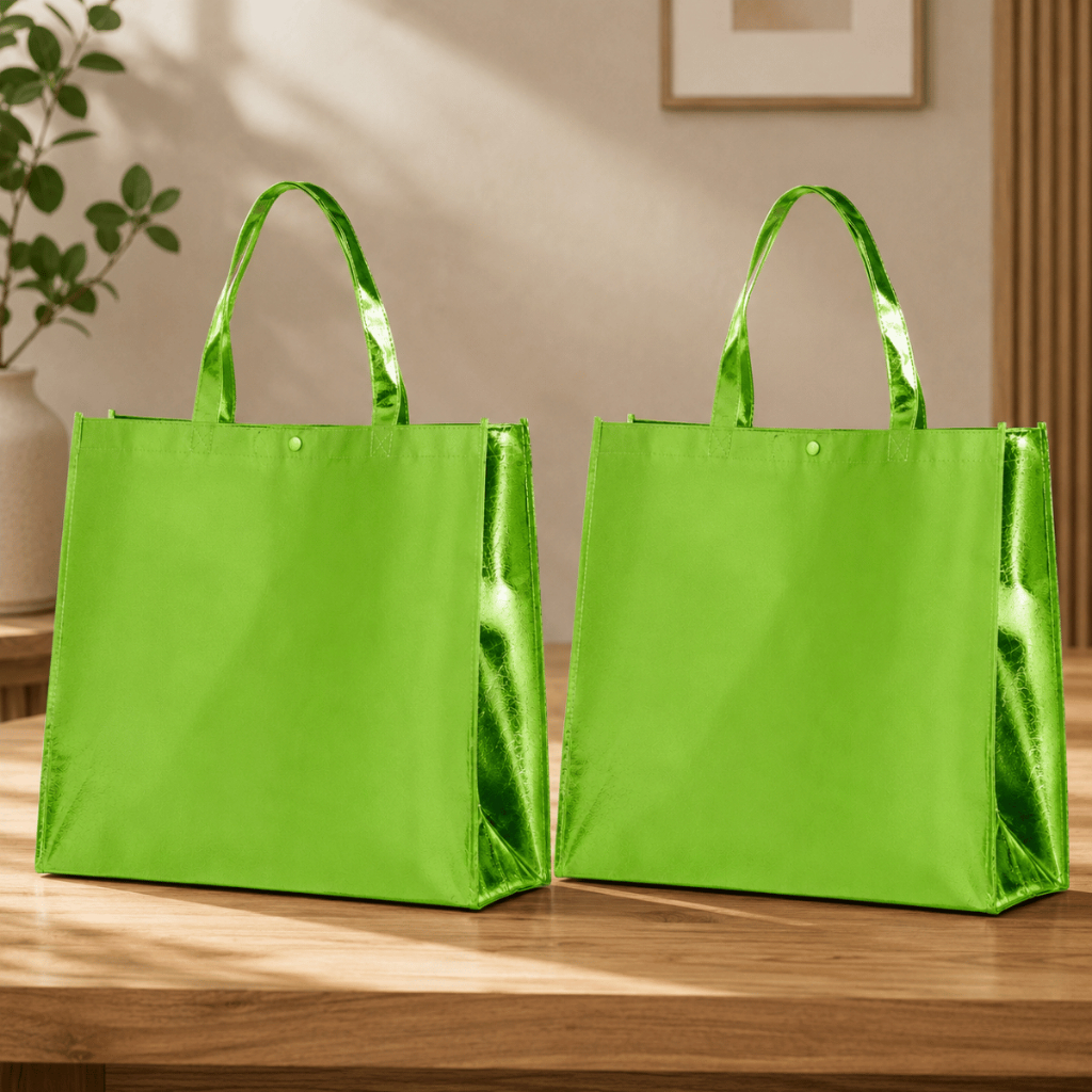 Kit 2 Sacola TNT Metalizada Verde Fluorescente Presente Festa Loja Embalagem Brilhante Reutilizável
