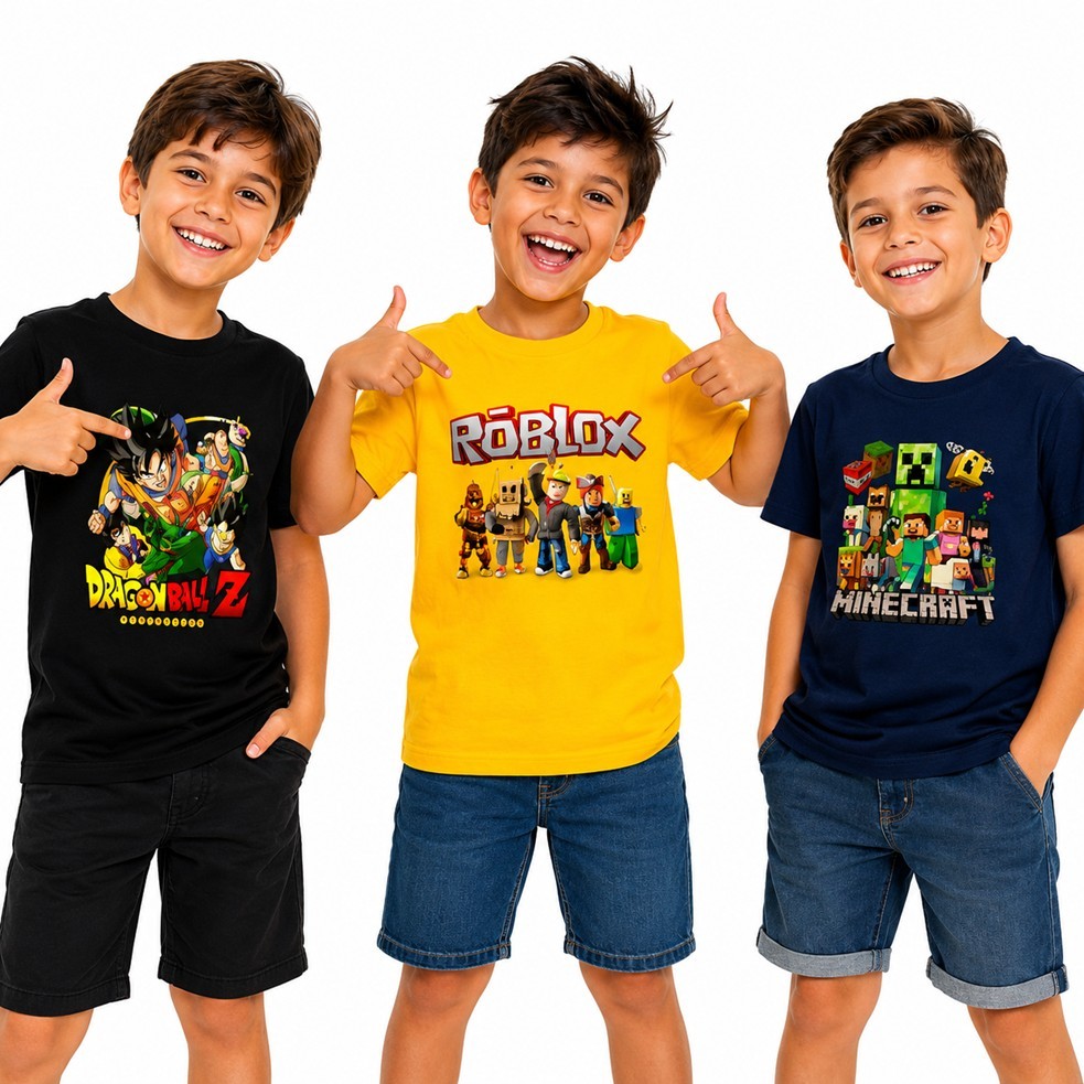 Kit com 3 Camisas Infantil Camisetas Infantil Masculino Menino Sortidas Personagens Diversos Tecido Leve e Confortável