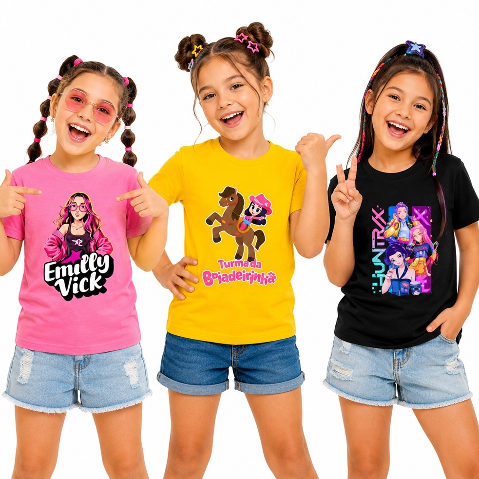 Kit com 3 Camisas Infantil Camisetas Infantil Feminina Menina Sortidas Personagens Diversos Tecido Leve e Confortável