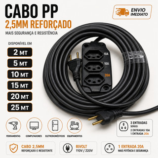 Extensão 2mt, 5mt,10mt,15mt,20mt,25mt Metros Cabo PP 2x2.5, E 20A Resistente Ferramentas Industrial