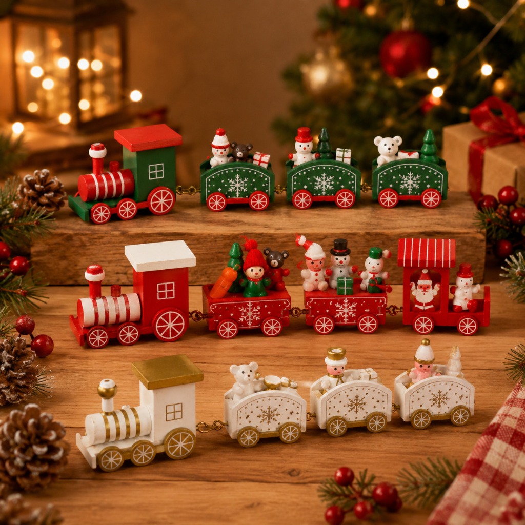Trem Natalino Decorativo Enfeite De Natal Madeira Com 4 Vagões