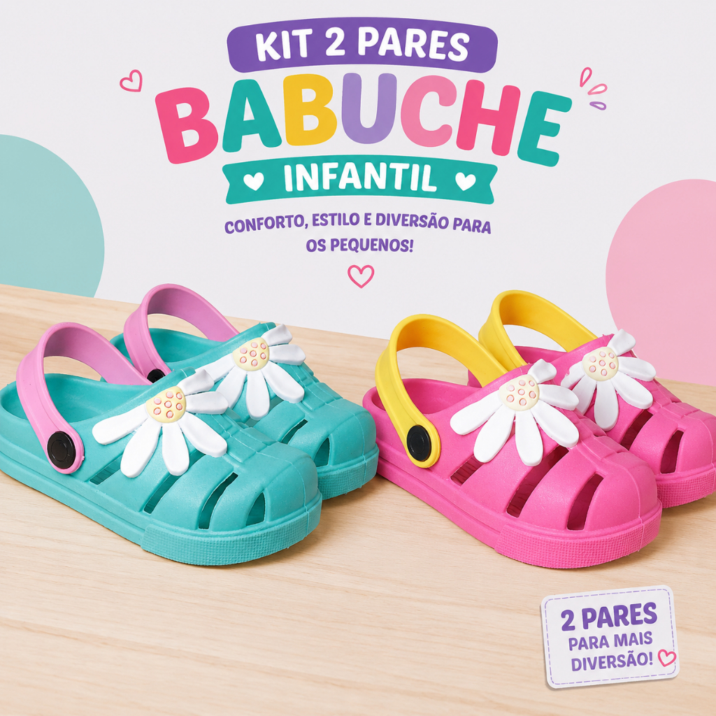 Kit 2 Pares Babuche Infantil Menina Sandália Feminina Confortável Macia Chinelo Calce Fácil Correia Antiderrapante