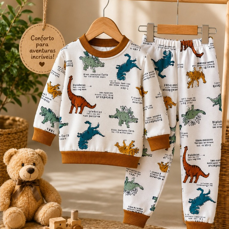 Conjunto Infantil Moletom Peluciado Dinossauro Dino Estampado Inverno Agasalho Tamanho 2