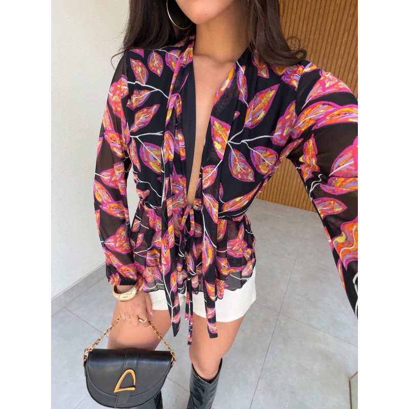 Blusa feminina tule leve com babado moda tendência confortável elegante e sofísticado vês do 38- 42 sem bojo