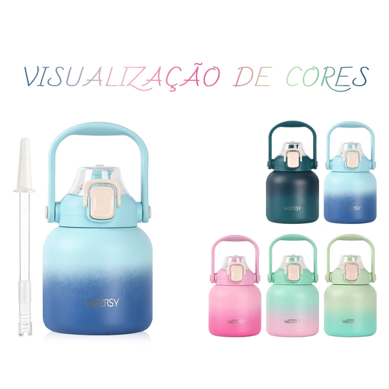 WATERSY Garrafa Térmica Portátil 800ml Inox 18/8 Com Alça e Canudo Para Esporte Lazer Viagem Varias Cores Bonitas
