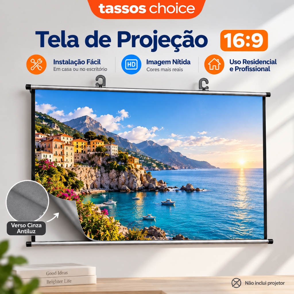 TASSOS Tela de Projeção Cinza Anti-Luz 80 e 100 Polegadas 16:9 Suspensa Full HD 4K com Ganchos Fácil Instalação