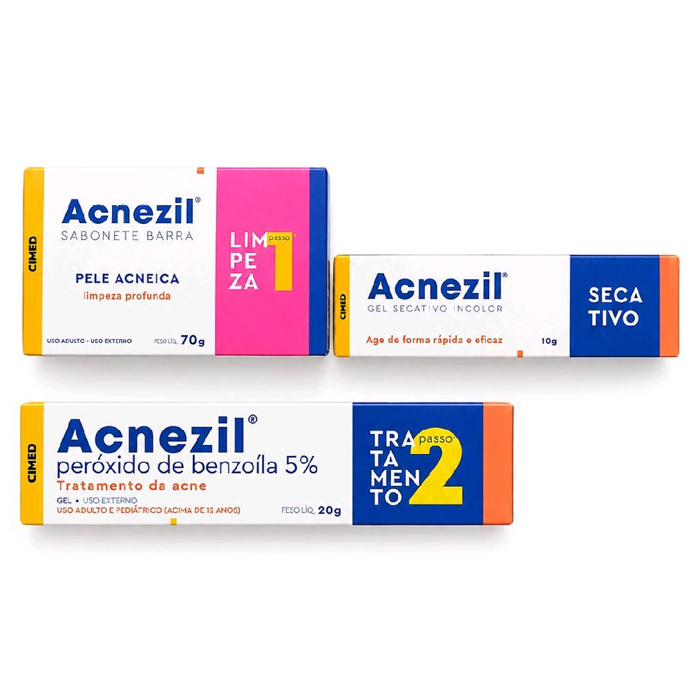 Kit Acnezil Sabonete Barra Limpeza Profunda 70g, Gel Secativo 10g e Peróxido de Benzoíla 5% 20g para Tratamento da Acne