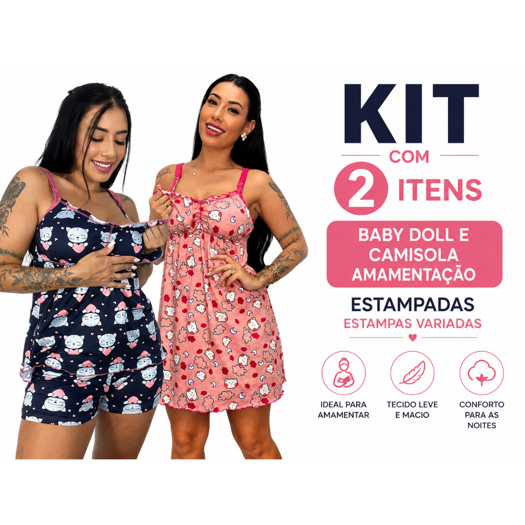 Kit 2 Camisola Baby Doll Amamentação Estampado Click Fácil Pijama Gestante Maternidade Pós Parto