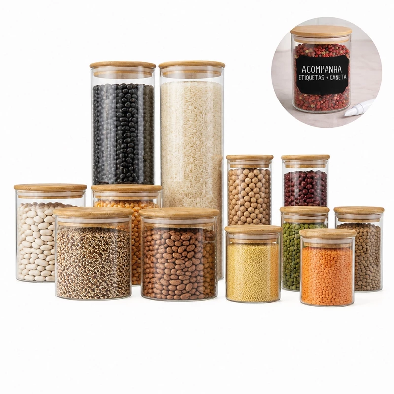 Conjunto com 12 Potes Herméticos de Vidro Tampa de Bambu para Organizar