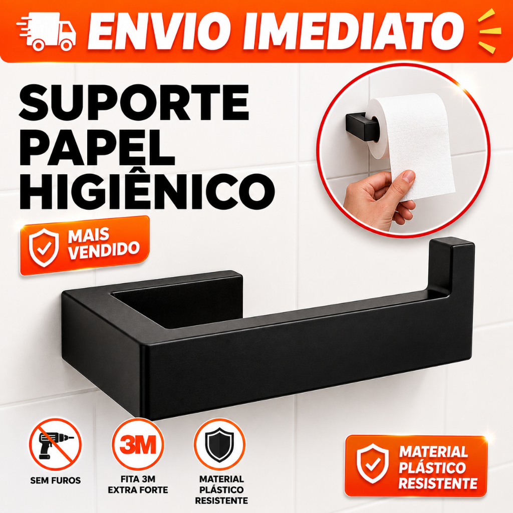 Porta Papel Higiênico Adesivo Sem Furo | Fita 3M Original | Suporte Banheiro Preto Fosco