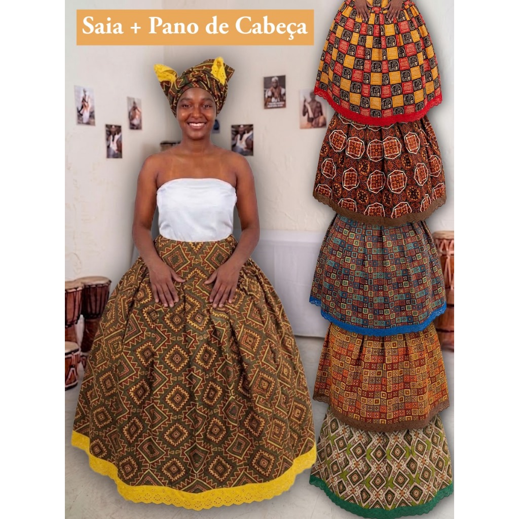 Saia e Pano de Cabeça Estampado Colorido Oxford Umbanda Candomblé