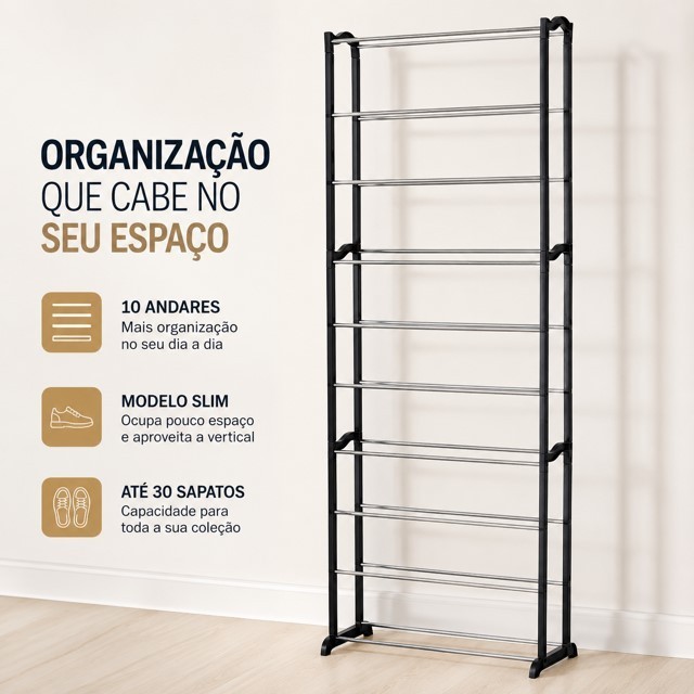 Sapateira Vertical para até 30 pares 10 andares Prateleira Organizadora Desmontável Multiuso Premium