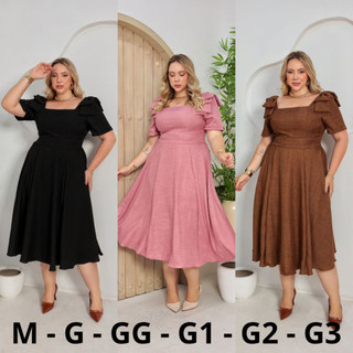 Vestido Mídi feminino com Manga e Laço Na Ombro Plus Size tem Forro, tecido duna linho.