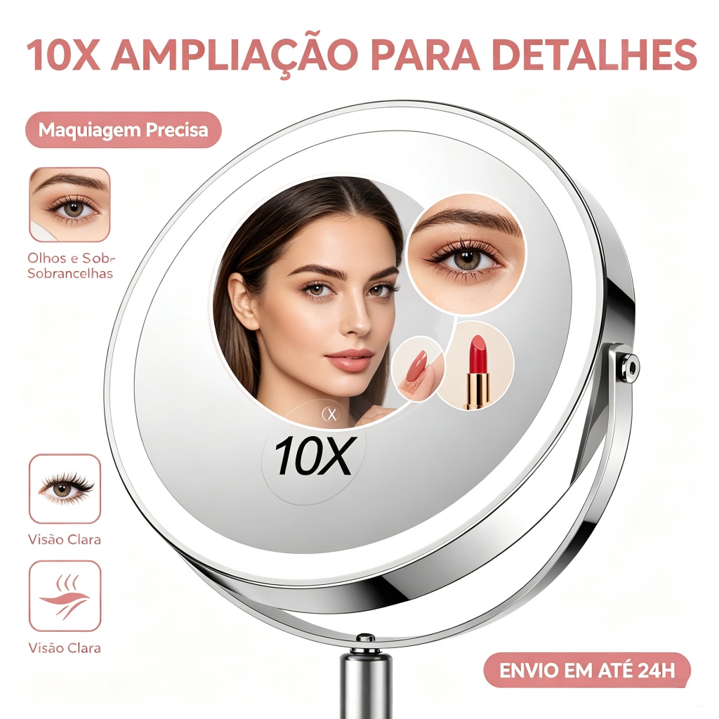 Espelho De Maquiagem Led Mesa Rotação 360° Ampliação 10x Com Aumento Luz Dobravel Para Pronta Entrega Ótica com - Qualid