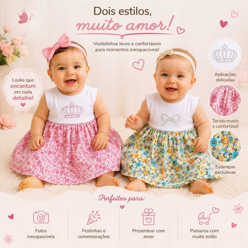 Vestido Bebê Menina Infantil Estampado Delicado Confortável Várias Estampas