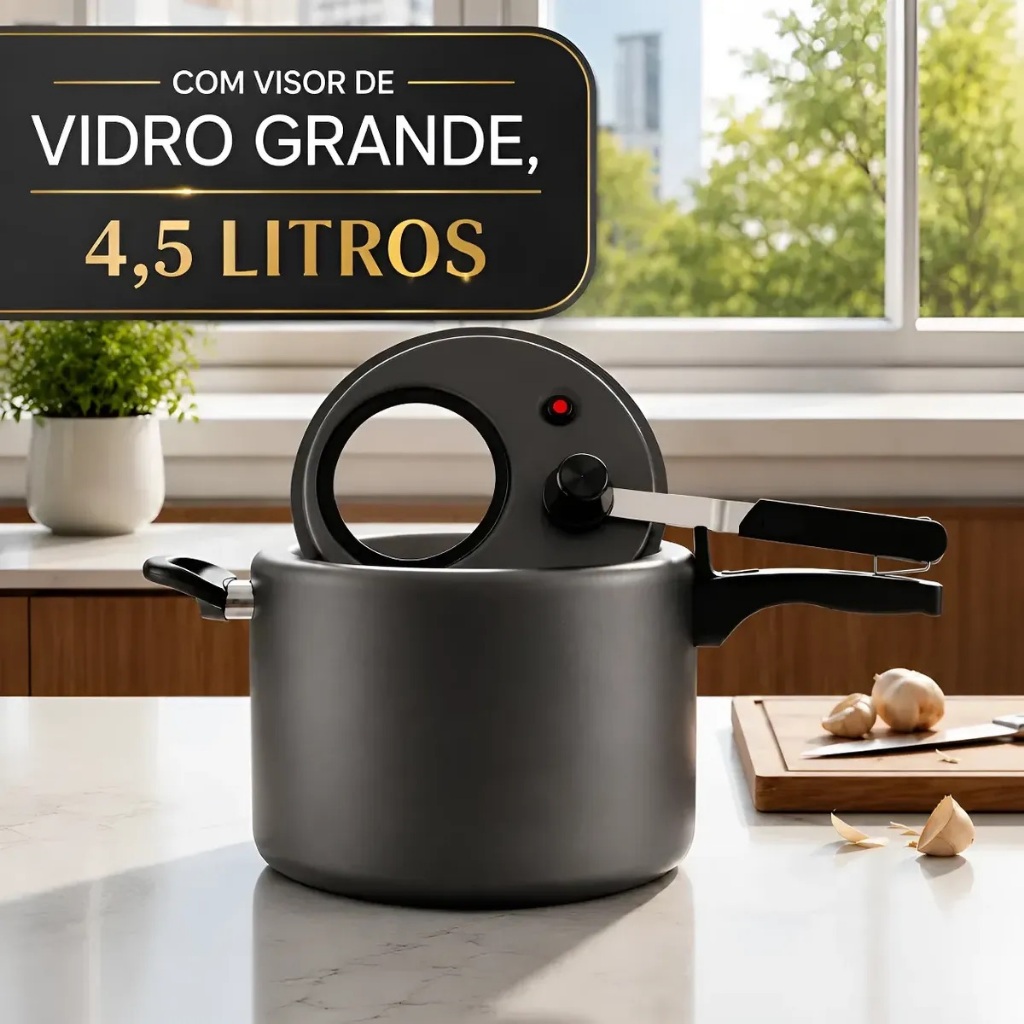 Panela De Pressão Antiaderente MTA 4,5 Litros Com Visor Vidro Temperado Fechamento Interno Grafite