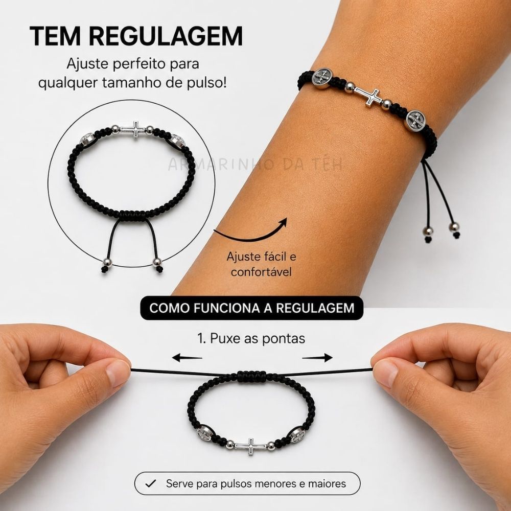 Kit 1/2 Pulseira Macramê Preta São Bento e Cruz Prateado Ajustável — imagem 2 de 2