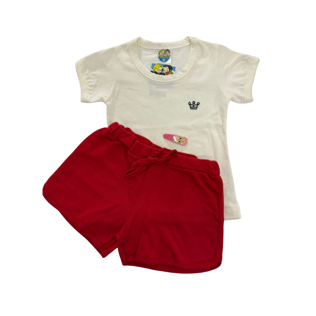Conjunto Infantil Feminino Short Vermelho e Camiseta Bege com Presilha Tamanho 3