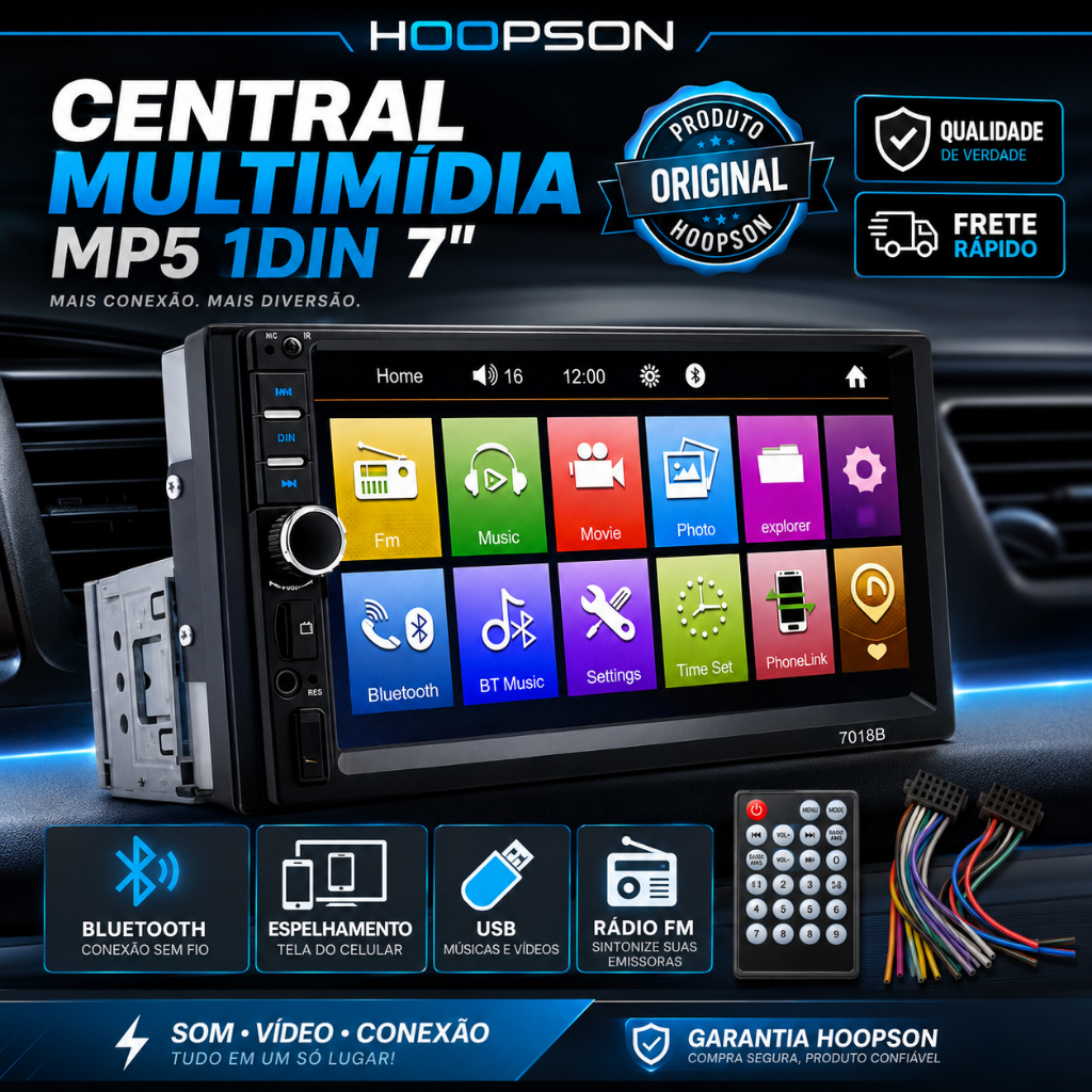 Central Multimídia MP5 7" Bluetooth 5.1 MirrorLink Espelhamento USB FM Touch compativel Câmera de Ré