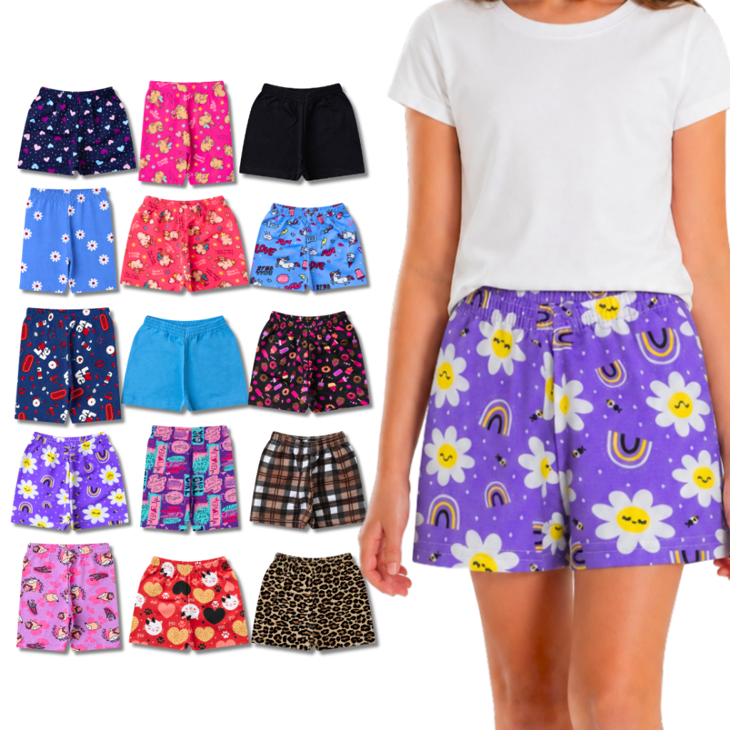 Kit 3 Shorts e Bermudas Femininas Infantil e Juvenil Verão Tamanhos 1 ao 14