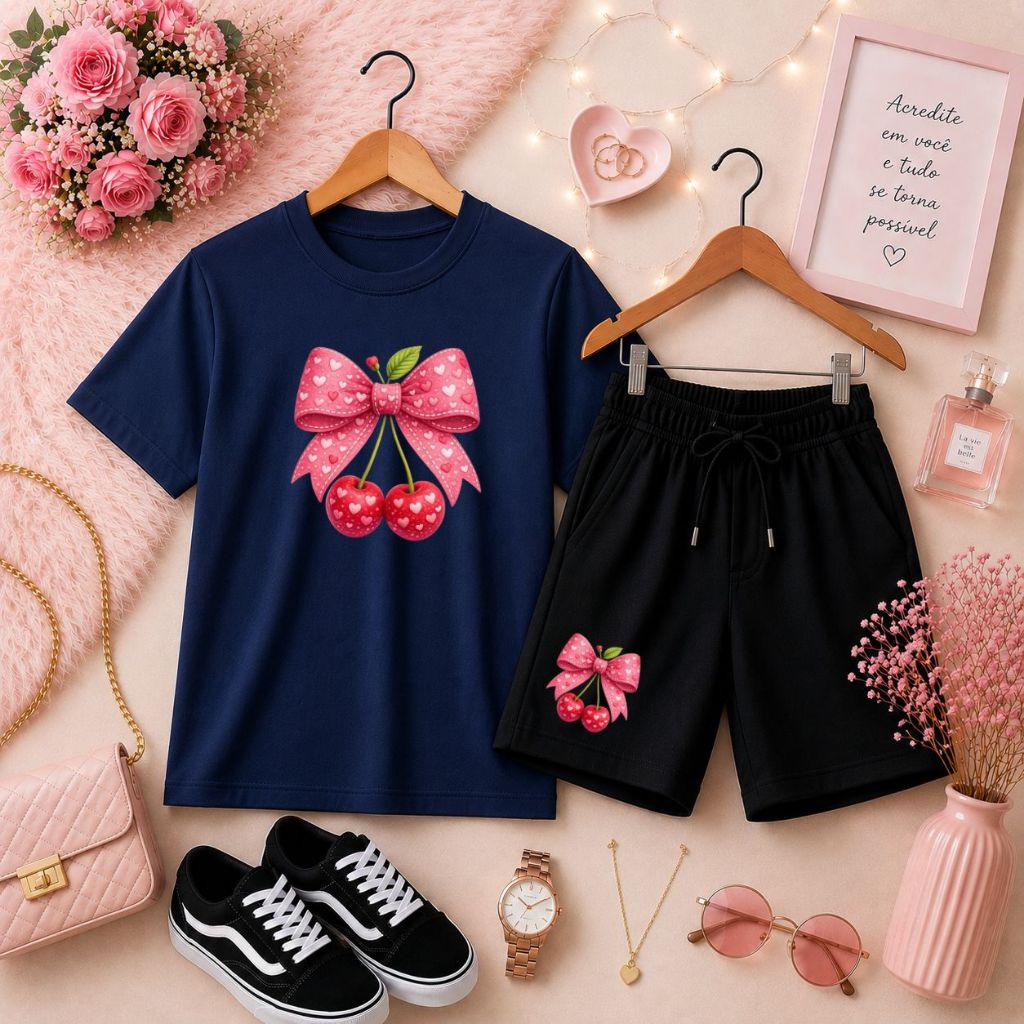 Conjunto Infantil para Menina Camiseta Básica e Short de Moletom com Estilo e Conforto Estampa de Laço e Cereja