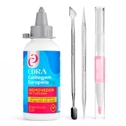 Kit Gel Removedor Cutícula Cora Caneta Hidratante Espátula e Palito Dupla Ponta Bella Inox