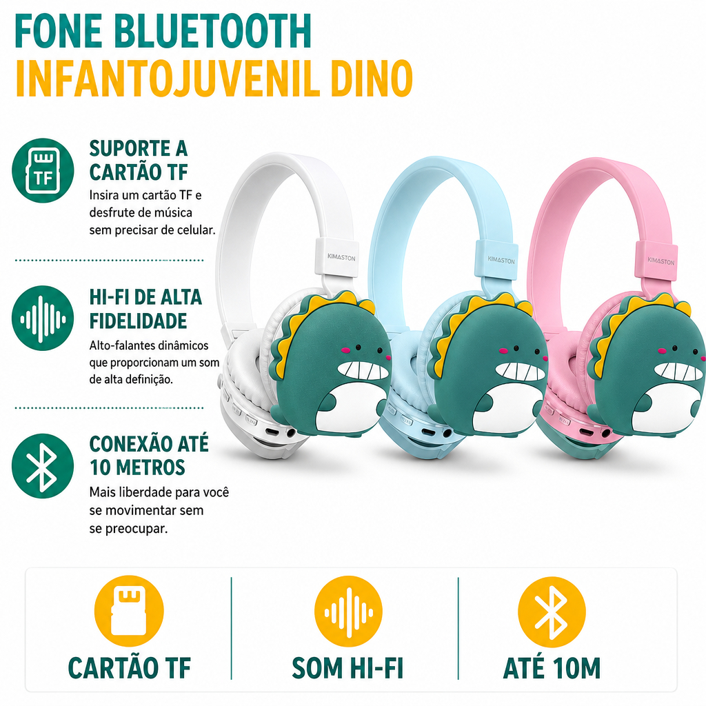 H'maston SN-18 Fones Bluetooth 5.3 de Ouvido Sem Fio Headset Microfone - Infantil e Adolescente
