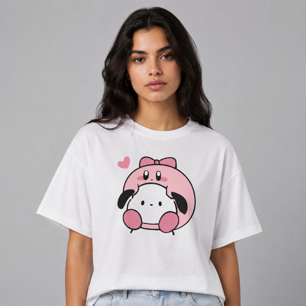 Camiseta Unissex Algodão 180g Alta Qualidade, Estampa Fashion Personagens Fofos com Coração, Modelo Solto Uso Diário