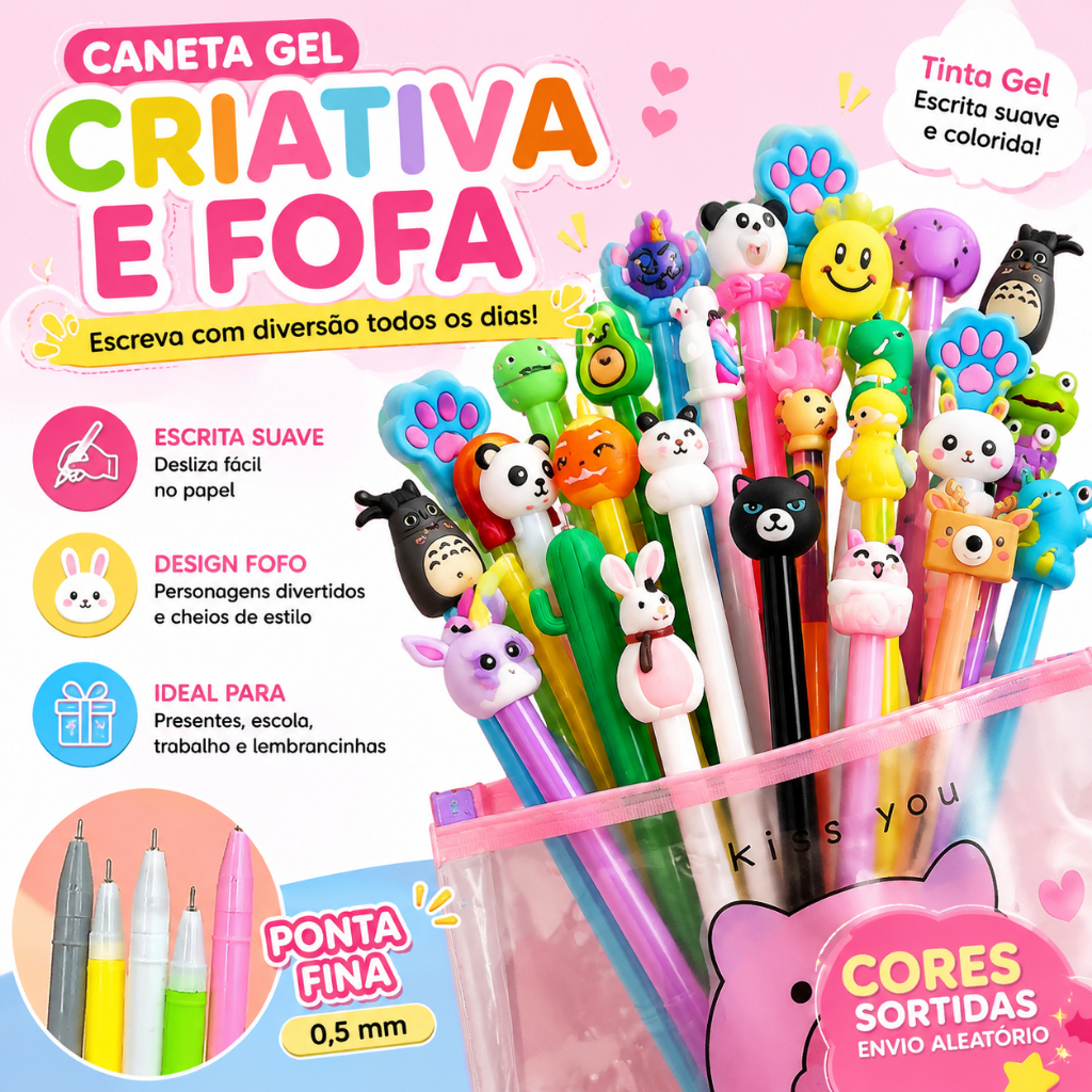 Kit 5/10/15/20 unidades Caneta fofa Criativa Gel Personagens Animadas Kawaii modelos