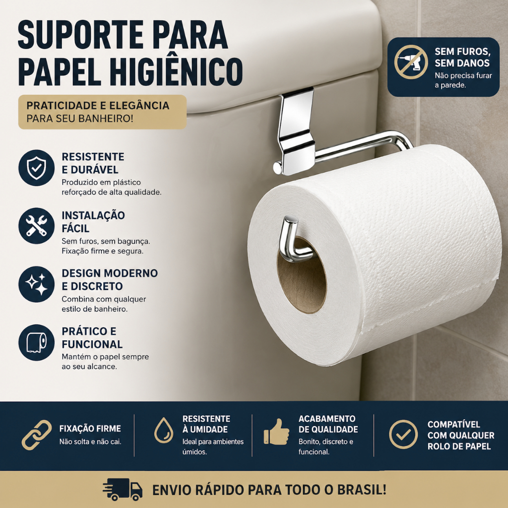 OFERTA SUPORTE PARA PAPEL HIGIENICO SIMPLES  BANHEIRO P/ CAIXA ACOPLADA COR AÇO CROMADO PROMOÇÃO
