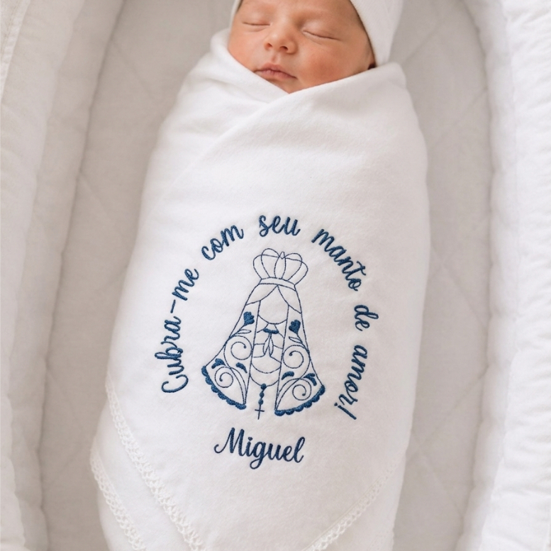 Cueiro Manta Bebê Bordado Nossa Senhora Aparecida | Manta de Bebê Personalizada | Enxoval Bebê | Maternidade