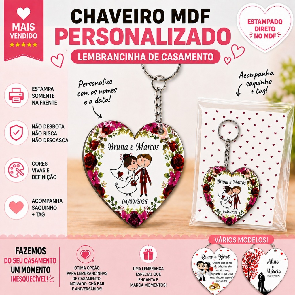 Kit Lembrancinha de Casamento Chaveiro MDF Coração Personalizado Noivinhos