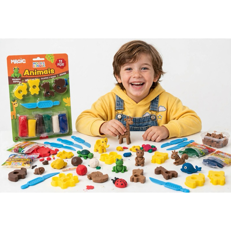 Kit Massinha de Modelar Magic Molde e Brinque Animais 11 Peças Atóxica Com Moldes