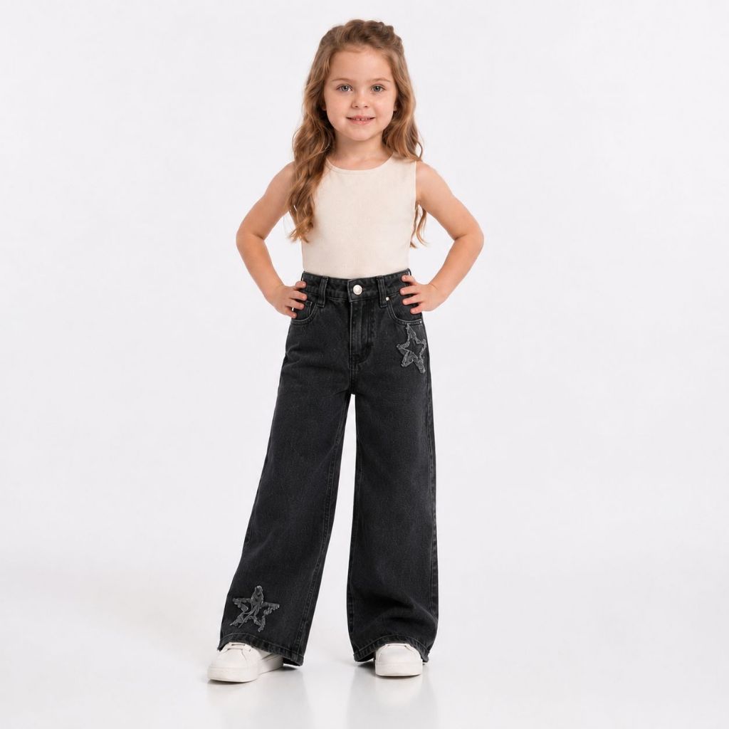 Calça Jeans Wide Leg Infantil Menina Pantalona Grafite 100% Algodão Tam 1 a 8 Anos — imagem 2 de 2
